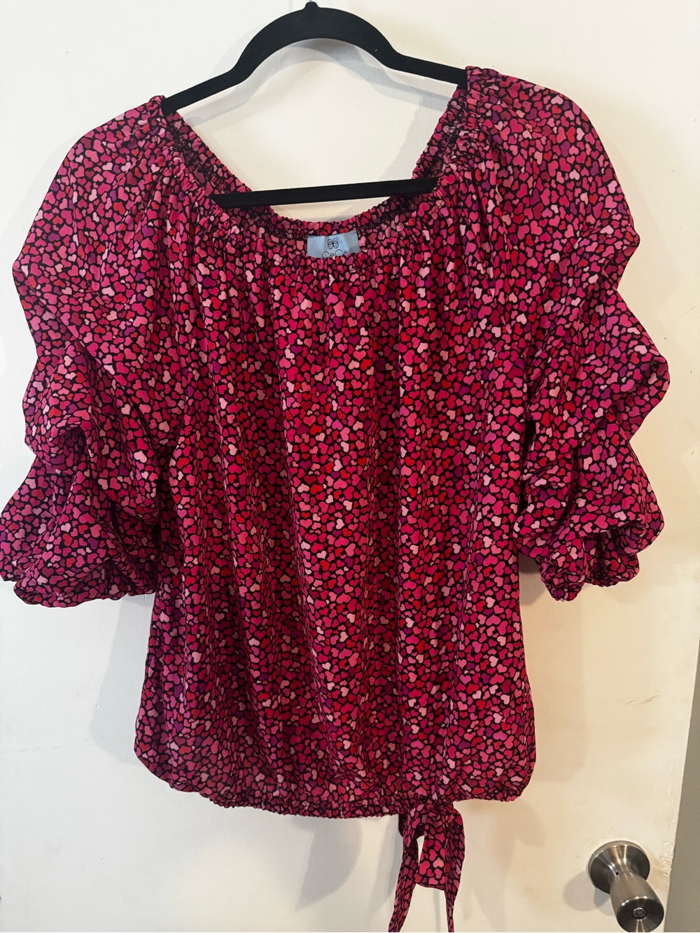 CeCe Fuchsia Heart-Print Peasant Blouse with Tie Hem